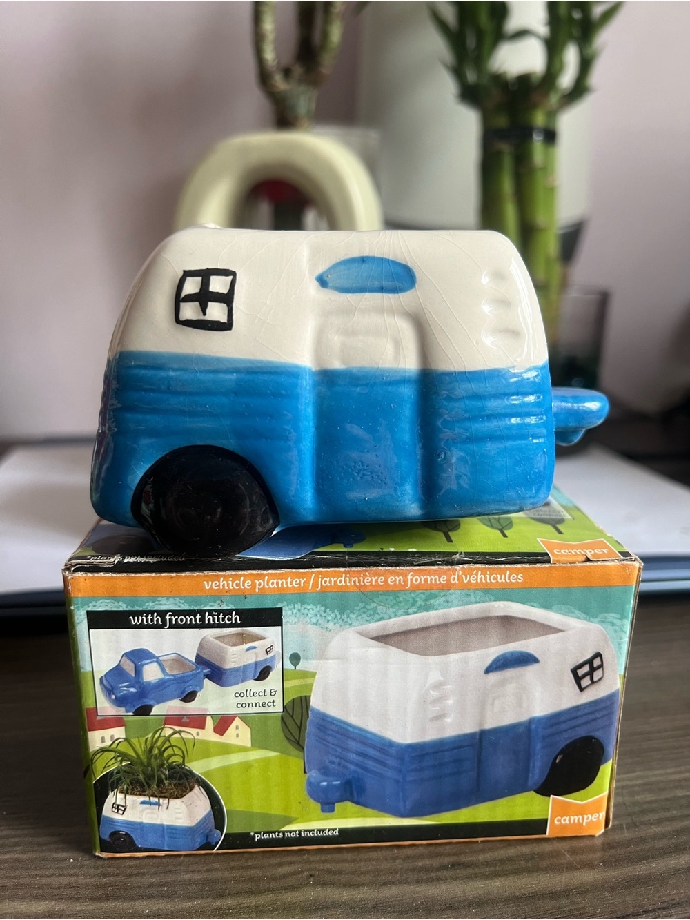 Camper Blue and White Ceramic Camper Toy
